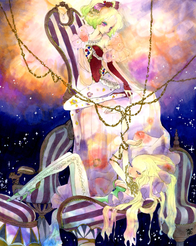2girls, blonde_hair, blue_eyes, celes_chere, chair, detached_sleeves, female, final_fantasy