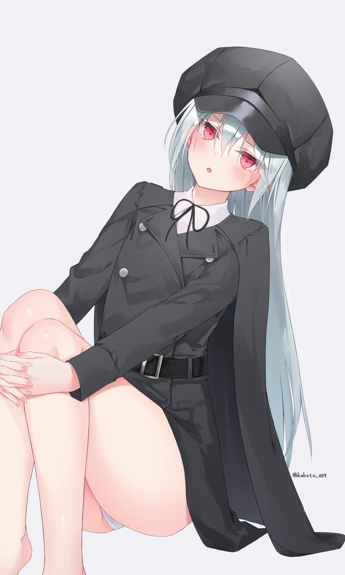 1girl, bare_legs, barefoot, belt, black_belt, black_headwear, black_jacket, black_neckwear