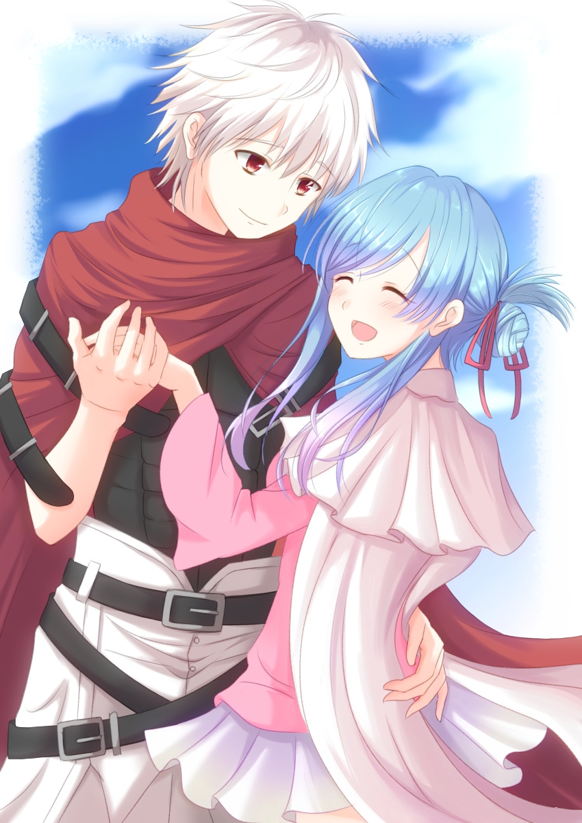 1boy, 1girl, absurdres, belt, blue_hair, blush, cape, closed_eyes, day, hair_ribbon, hair_up, hetero, highres, hina_(plunderer), holding_hands, licht_bach, long_hair, looking_at_another, outdoors, plunderer, red_cape, red_eyes, red_ribbon, ribbon, short_hair, standing, white_hair, yayoi_(ksks_se)