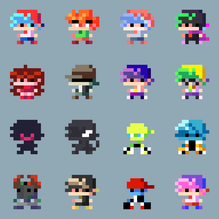 1girl, 6+boys, alternate_universe, black_hair, blue_hair, blue_skin, boyfriend_(friday_night_funkin'), brown_hair