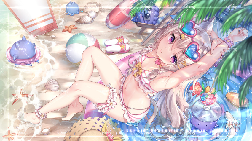 1girl, ahoge, animal_ear_fluff, animal_ears, ankle_strap, armpits, artist_name, ass