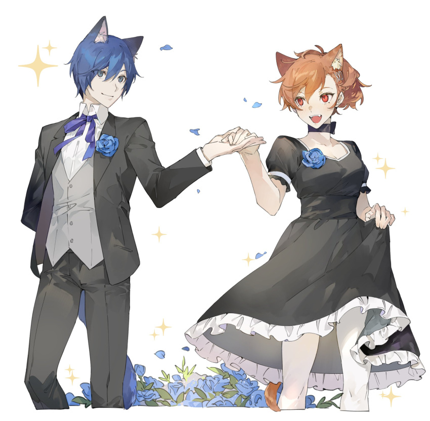 1boy, 1girl, animal_ear_fluff, animal_ears, black_dress, black_pants, black_suit, blue_eyes