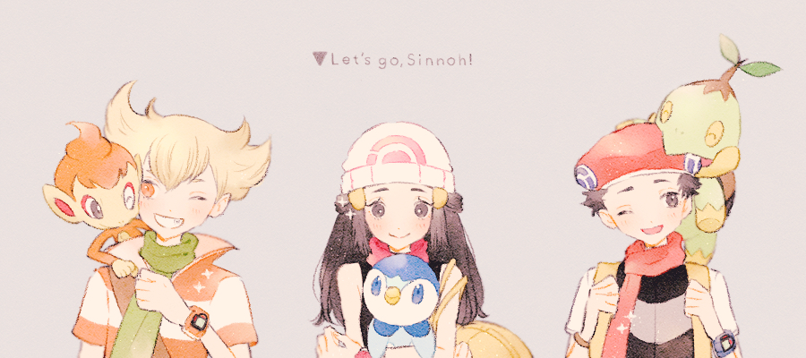 1girl, 2boys, barry_(pokemon), beanie, black_hair, black_shirt, blonde_hair, blush