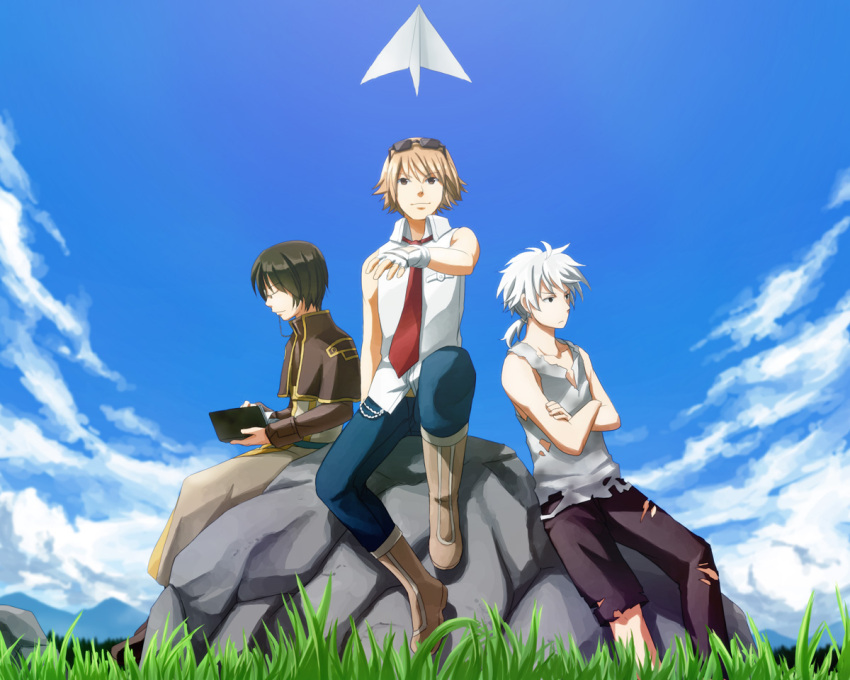 3boys, alexander_digotz, bangs, benkaistein, black_hair, black_pants, blonde_hair, blue_pants