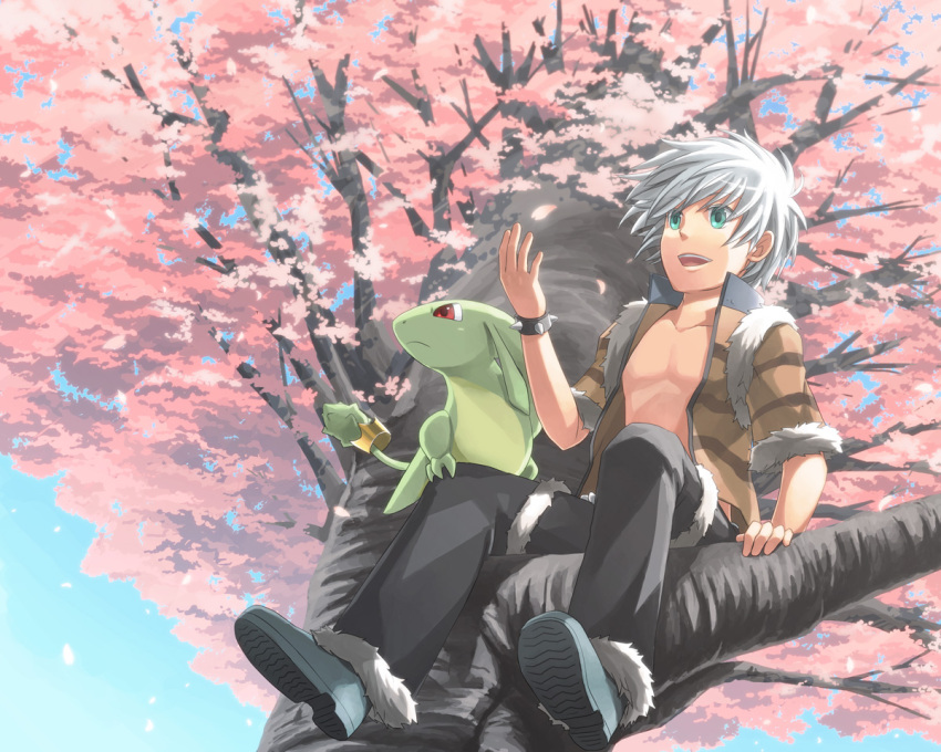 1boy, animal_print, bangs, black_pants, blue_sky, bracelet, brown_jacket, cherry_blossoms