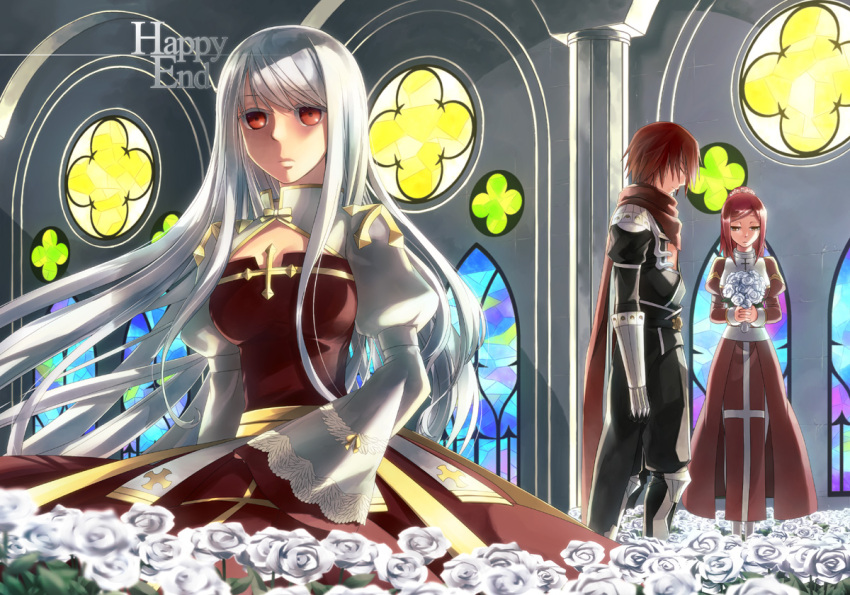 1boy, 2girls, arch_bishop_(ragnarok_online), armor, armored_boots, assassin_cross_(ragnarok_online), bangs, black_pants