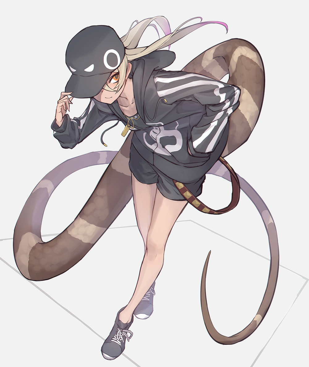 alternate_costume, baseball_cap, black_headwear, black_hoodie, black_shorts, blonde_hair, casual, don3