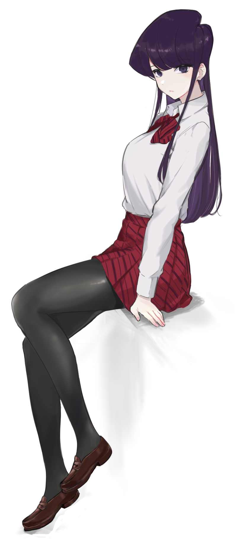 1girl, ayatak0517, bangs, black_eyes, black_hair, black_legwear, bow, bowtie, brown_footwear, collared_shirt, full_body, highres, komi-san_wa_komyushou_desu, komi_shouko, long_hair, long_sleeves, pantyhose, pleated_skirt, red_bow, red_bowtie, red_skirt, shadow, shirt, shirt_tucked_in, shoes, simple_background, sitting, skirt, solo, striped, striped_bow, striped_bowtie, striped_skirt, white_background, white_shirt
