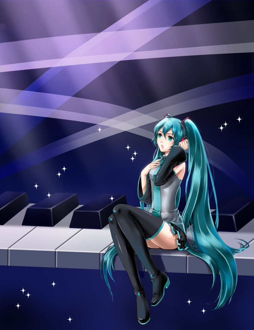 absurdres, aqua_eyes, aqua_hair, detached_sleeves, hand_on_chest, hand_on_own_chest, hatsune_miku, highres