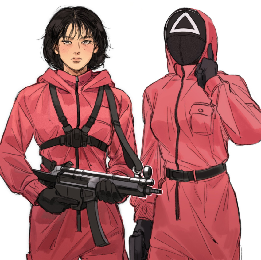 2girls, bangs, belt, black_gloves, black_mask, closed_mouth, freckles, gloves