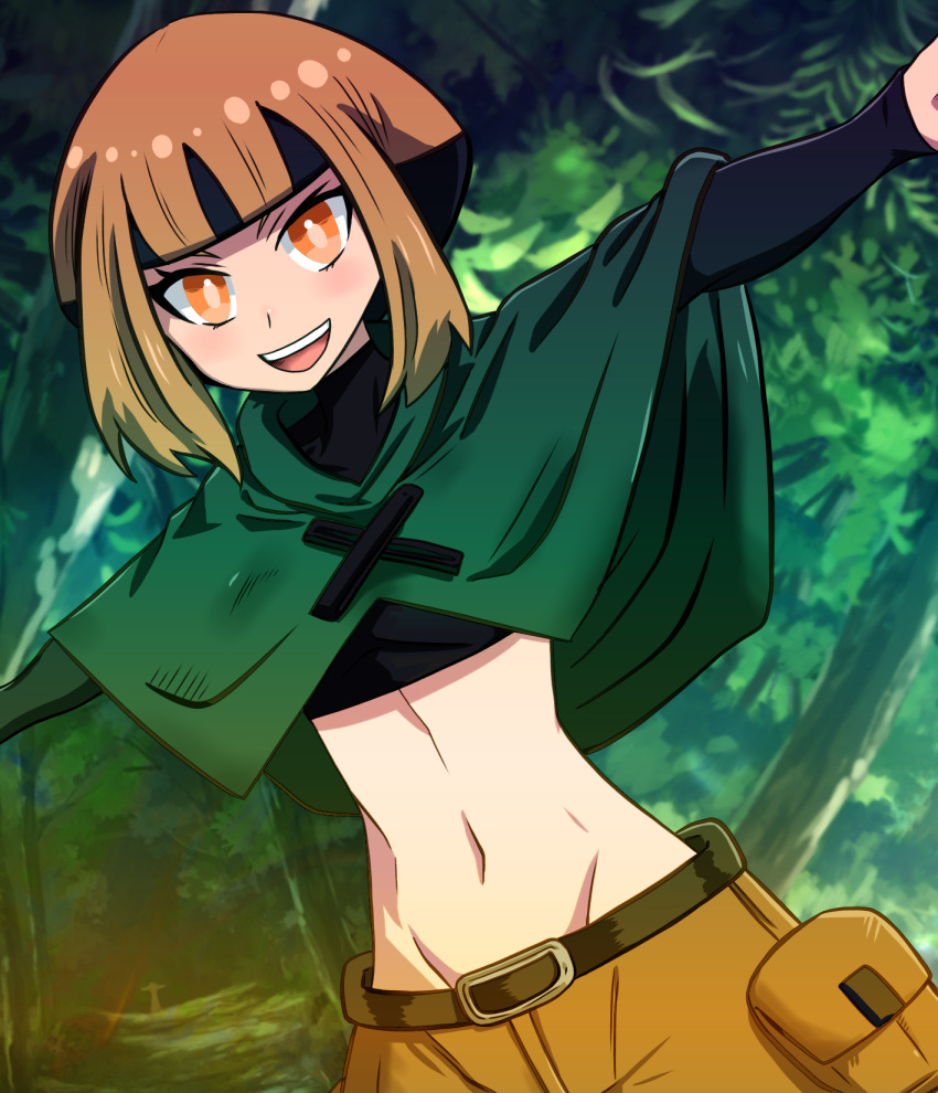 1girl, :d, bangs, batchgooya, belt, black_belt, black_hair, black_shirt, blunt_bangs, brown_eyes, brown_hair, brown_shorts, capelet, commentary_request, cowboy_shot, crop_top, cropped_shirt, dutch_angle, forest, gardenia_(pokemon), green_capelet, groin, highres, long_sleeves, looking_at_viewer, midriff, multicolored_hair, nature, navel, open_mouth, outstretched_arm, partial_commentary, pokemon, pokemon_(game), pokemon_dppt, shirt, short_hair, short_hair_with_long_locks, shorts, sidelocks, smile, solo, standing, teeth, tree, two-tone_hair, upper_teeth