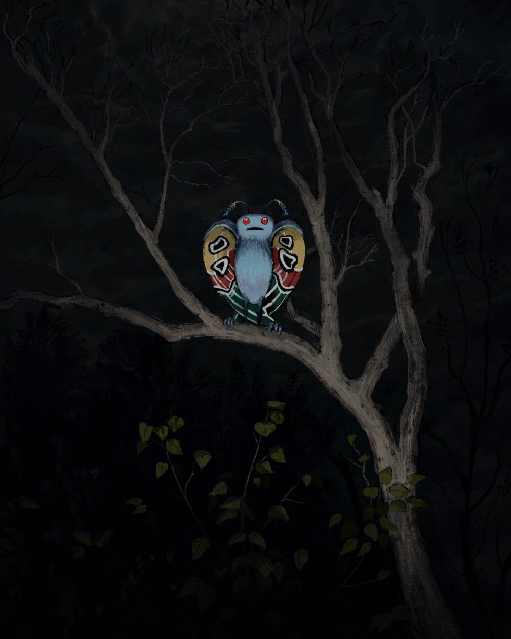 1other, antennae, branch, clouds, cloudy_sky, forest, giganticbuddha, highres, leaf, looking_at_viewer, monster, mothman_(megami_tensei), nature, night, night_sky, red_eyes, shin_megami_tensei, sky, solo, tree, wings