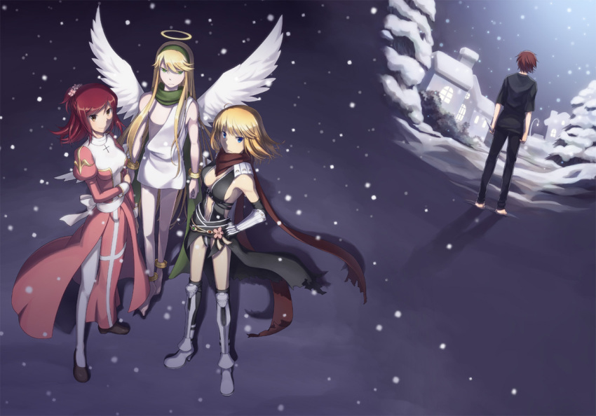 1boy, 1other, 2girls, angel, armor, assassin_cross_(ragnarok_online), bangs, barefoot