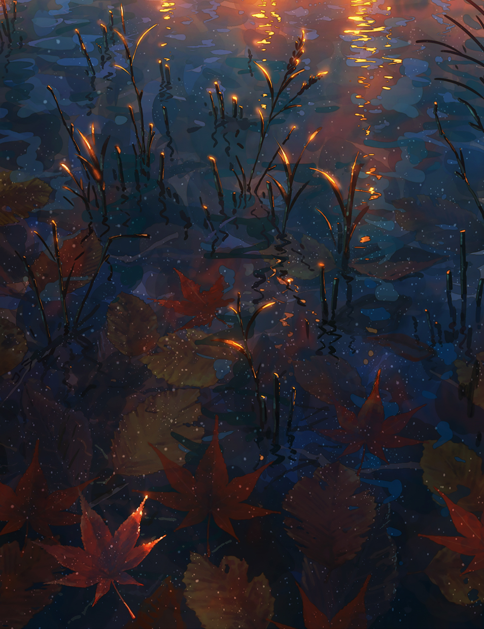 afloat, afloat_leaves, autumn_leaves, cola_(gotouryouta), commentary_request, evening, grass, highres, leaf, maple_leaf, nature, no_humans, original, pond, scenery, sunlight, water