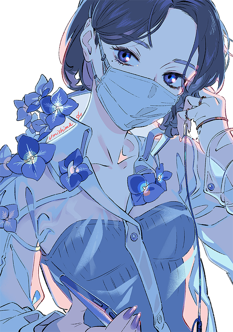 1girl, black_hair, blue_eyes, blue_flower, blue_theme, collared_shirt, flower, hand_up