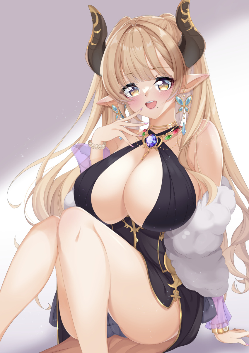 1girl, :d, alba_(granblue_fantasy), black_dress, black_panties, blonde_hair, blush, bracelet