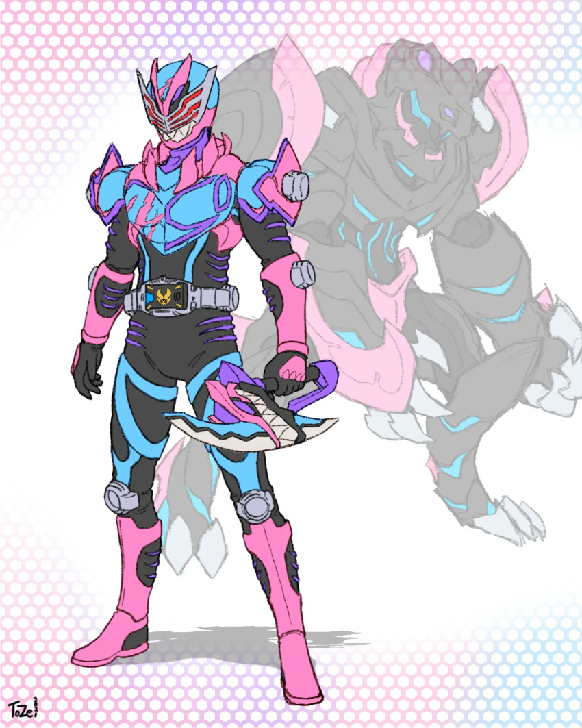 2boys, adapted_costume, advent_deck, alternate_costume, armor, axe, black_armor, blue_armor, boots, compound_eyes, contract_monster, dinosaur, gauntlets, highres, holding, holding_weapon, kamen_rider, kamen_rider_revi, kamen_rider_revice, kamen_rider_ryuki_(series), kamen_rider_vice, male_focus, monster, multiple_boys, pink_armor, pink_footwear, rider_belt, sharp_teeth, teeth, to_ze, tyrannosaurus_rex, v_buckle, weapon, zoom_layer
