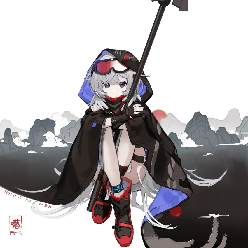 1girl, ankleband, arknights, artist_logo, artist_name, black_cloak, black_gloves, black_hair
