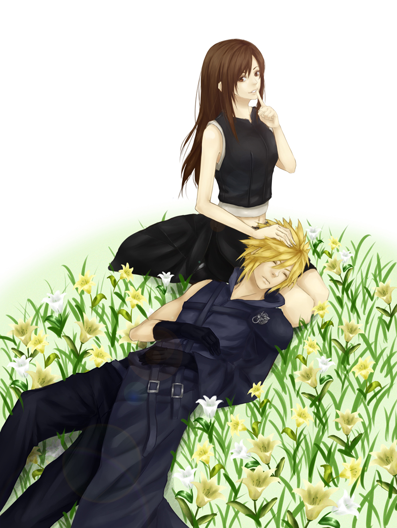 1girl, au, belt, blonde_hair, brown_eyes, brown_hair, cloud_strife, couple