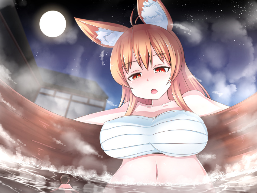 1boy, 1girl, animal_ear_fluff, animal_ears, architecture, bare_shoulders, blonde_hair, breasts, commentary_request, east_asian_architecture, eye_contact, eyebrows_visible_through_hair, fox_ears, fox_girl, full_moon, giant, giantess, highres, hot_tub, large_breasts, looking_at_another, miniboy, moon, navel, night, night_sky, onsen, open_mouth, orange_eyes, original, sarashi, size_difference, sky, star_(sky), steam, terada_ochiko, water