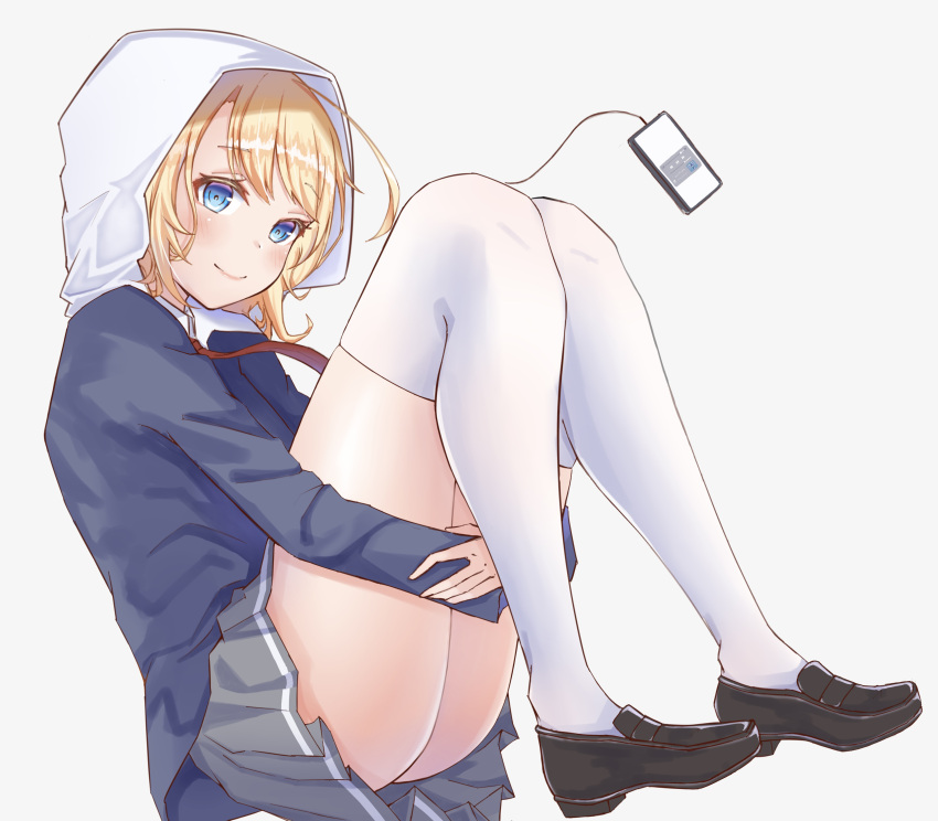 1girl, absurdres, bangs, black_footwear, blonde_hair, blue_eyes, blue_jacket, blush