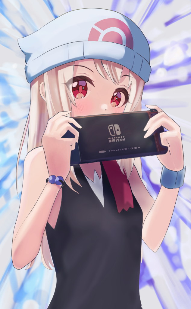 1girl, bangs, beanie, black_shirt, blush, breasts, cosplay, dawn_(pokemon)_(cosplay)