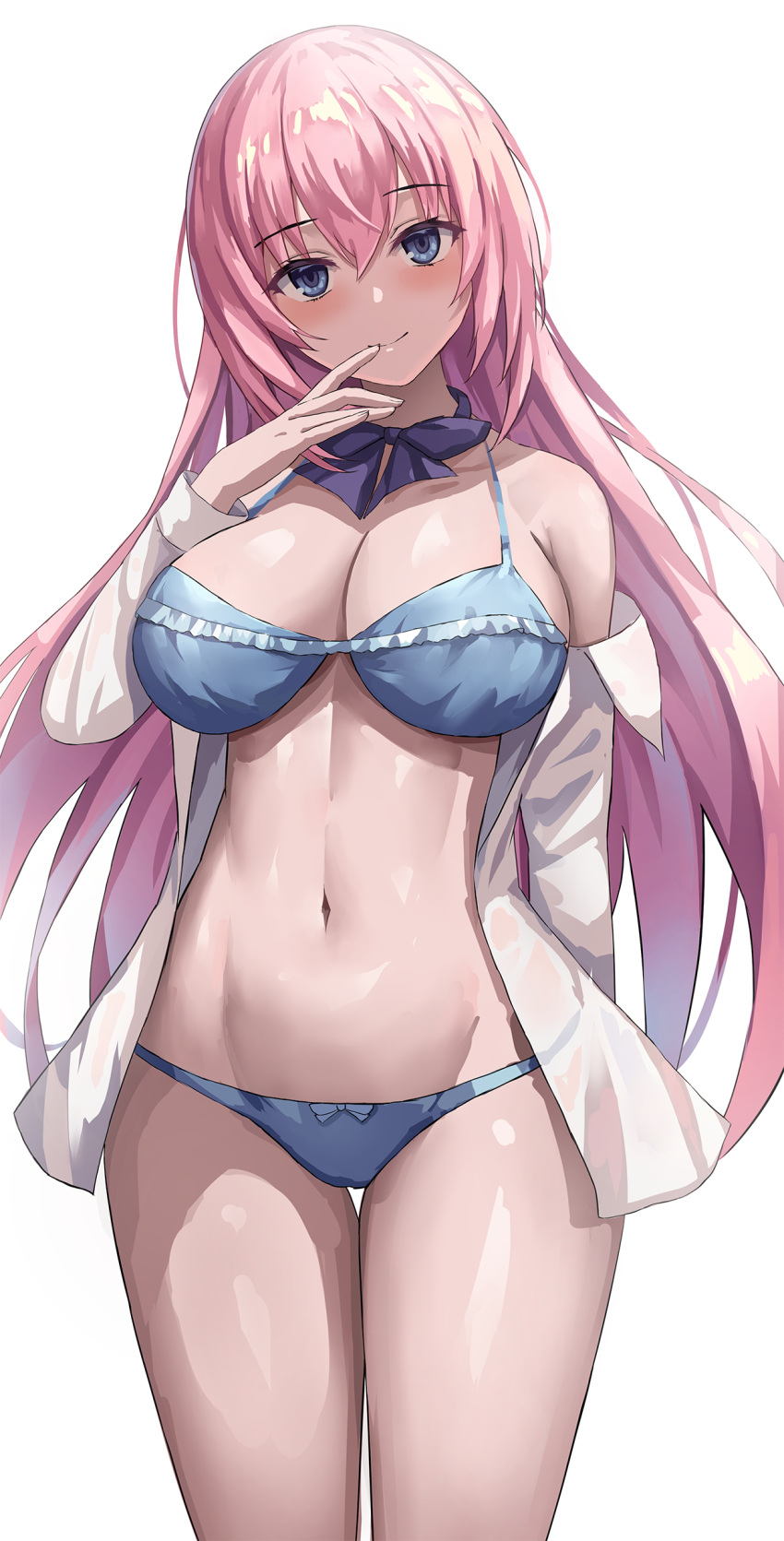 1girl, absurdres, bikini, blue_bikini, blue_neckwear, blush, breasts, commentary_request, eyebrows_visible_through_hair, hair_between_eyes, highres, ichinose_honami_(youjitsu), jasony, large_breasts, long_hair, looking_at_viewer, navel, pink_hair, shirt, simple_background, solo, standing, swimsuit, thighs, white_background, white_shirt, youkoso_jitsuryoku_shijou_shugi_no_kyoushitsu_e