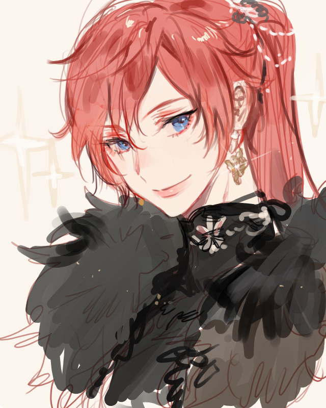 1boy, blue_eyes, commentary_request, crossdressing, earrings, fur, head_tilt, jewelry, ksk535, lips, long_hair, looking_at_viewer, ponytail, re:zero_kara_hajimeru_isekai_seikatsu, redhead, reinhard_van_astrea, shawl, sketch, smile, solo