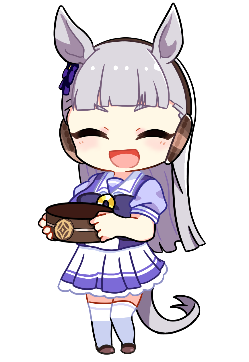 1girl, :d, animal_ears, bow, bowtie, brown_footwear, brown_headwear, chibi, closed_eyes, gold_ship_(umamusume), hair_bow, highres, holding_headgear, horse_ears, horse_girl, horse_tail, jagdcent_(user_arua3722), open_mouth, purple_bow, purple_bowtie, purple_shirt, shirt, short_sleeves, skirt, smile, solo, tail, thigh-highs, umamusume, violet_eyes, white_legwear, white_skirt