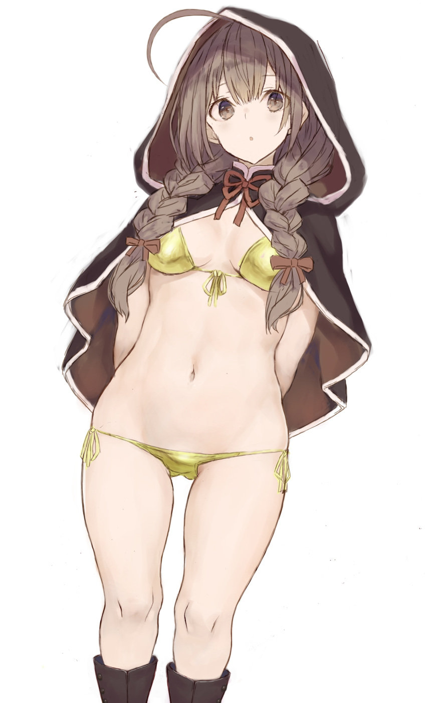 1girl, absurdres, ahoge, bangs, bikini, black_capelet, braid, breasts