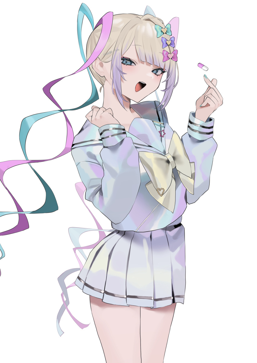 1girl, :d, absurdres, bangs, bebe_pp, blonde_hair, blunt_bangs, bow