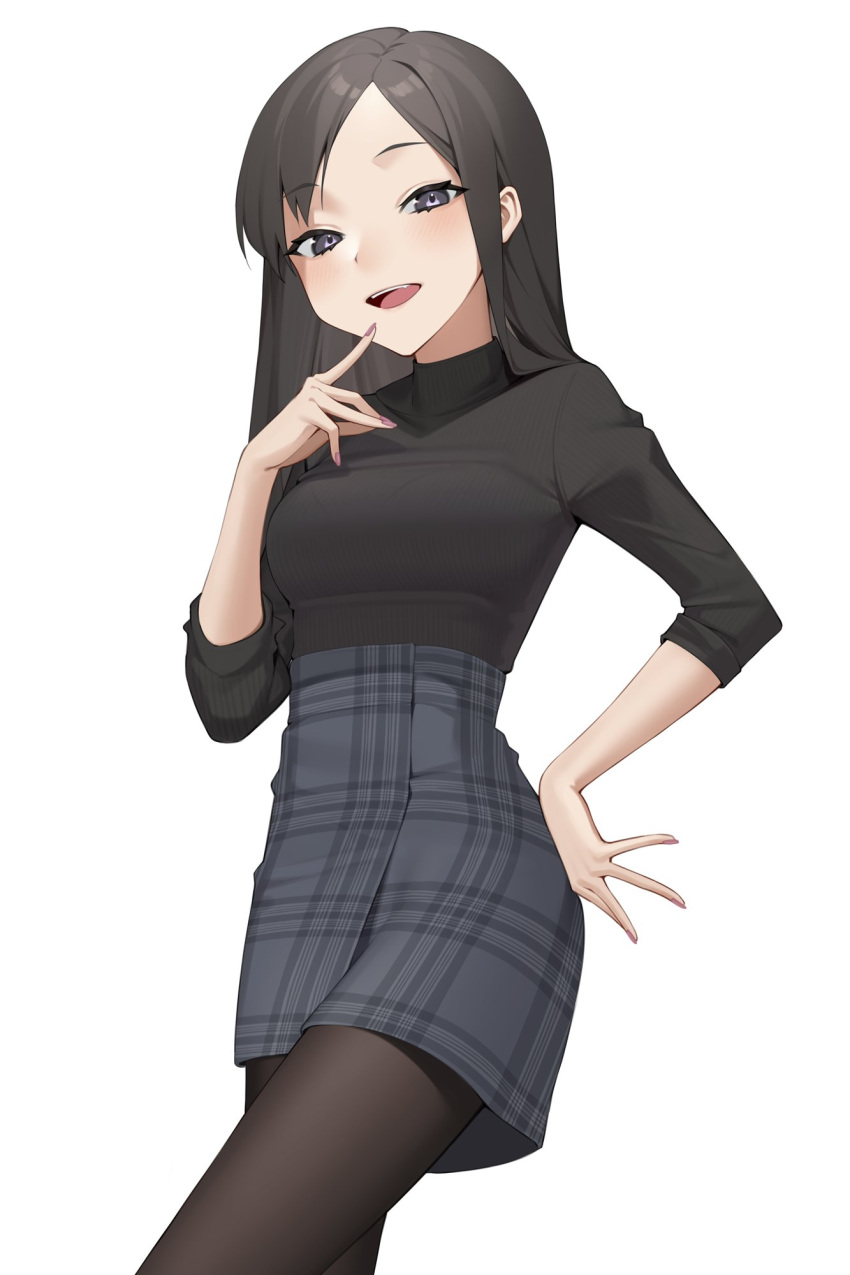 1girl, bangs, black_eyes, black_legwear, black_shirt, black_skirt, blush, breasts