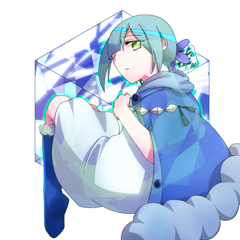 1girl, blue_footwear, capelet, green_eyes, one_eye_covered, snowy_weather_ciel, weathery_(yugioh), wocam