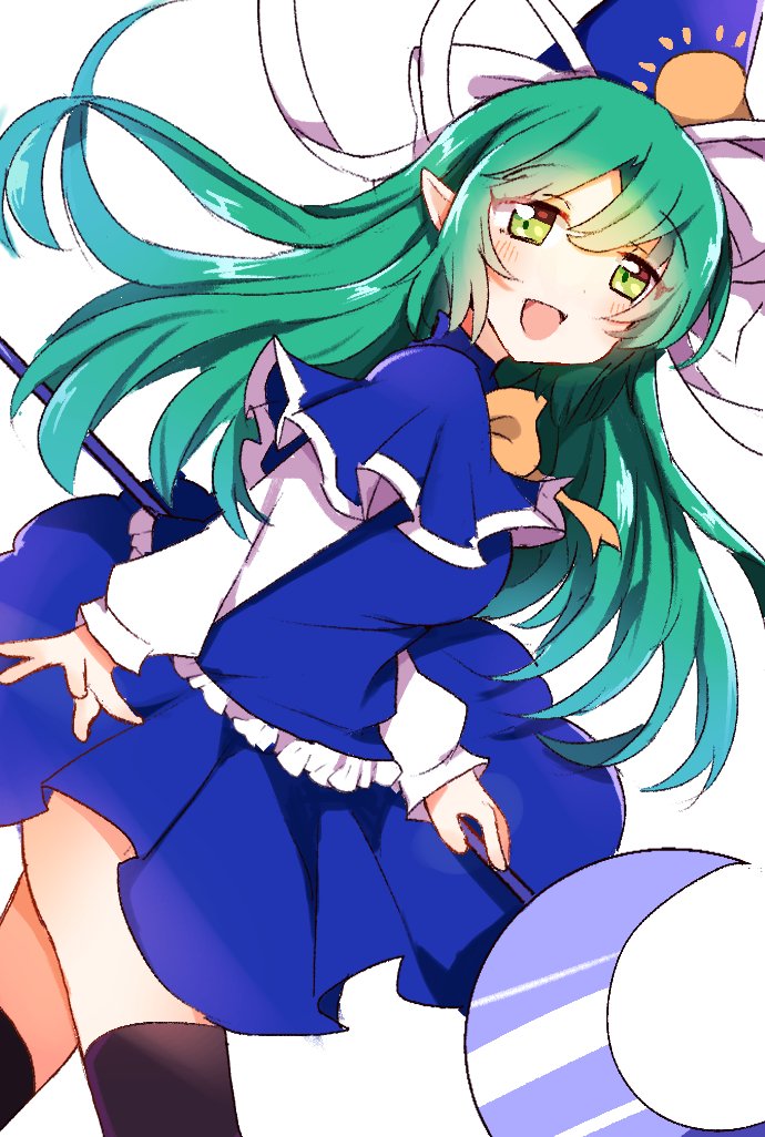 1girl, blue_capelet, blue_headwear, blue_skirt, blue_vest, bow, bowtie, breasts, capelet, crescent, eyebrows_visible_through_hair, frilled_vest, green_eyes, green_hair, hat, hat_ribbon, holding, holding_staff, long_hair, long_sleeves, medium_breasts, mima_(touhou), open_mouth, ribbon, shirt, simple_background, skirt, staff, sun_print, touhou, touhou_(pc-98), vest, white_background, white_ribbon, white_shirt, wizard_hat, yellow_bow, yellow_bowtie, yellow_neckwear, zeroko-san_(nuclear_f)
