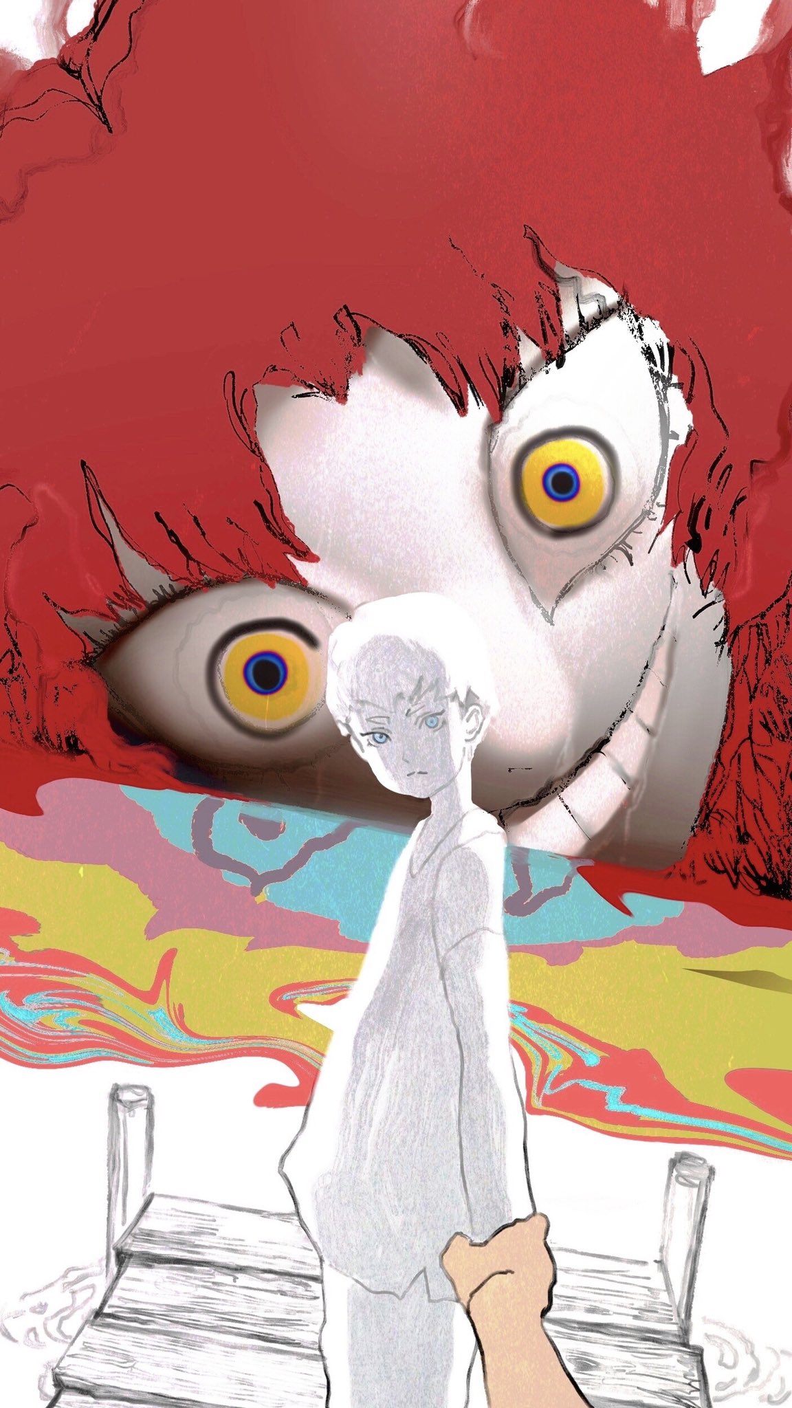 asuka_ryou, blue_eyes, bridge, colorful, devilman, devilman_crybaby, fudou_akira, grin