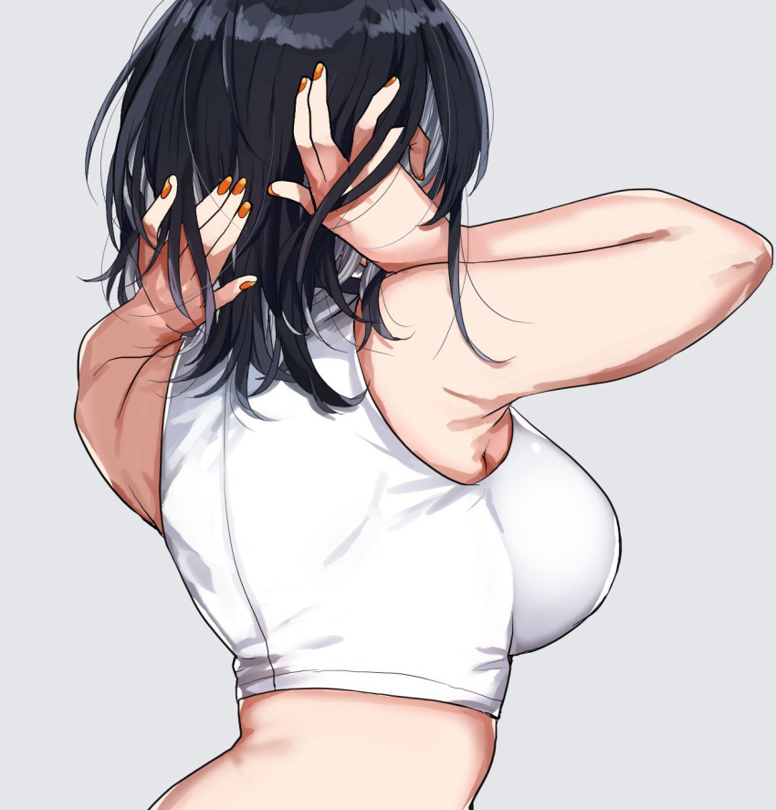1girl, back, bare_shoulders, black_hair, breasts, colored_inner_hair, crop_top, from_behind