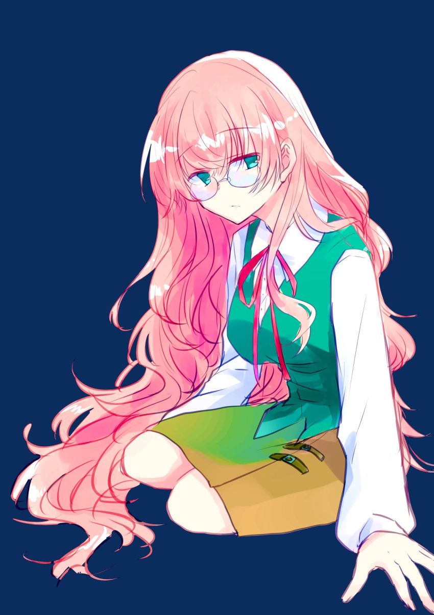 1girl, aqua_eyes, breasts, curly_hair, glasses, green_vest, hel_(matantei_loki_ragnarok), highres, hsk_c, kneeling, long_hair, matantei_loki_ragnarok, pink_hair, red_ribbon, ribbon, skirt, solo, very_long_hair, vest