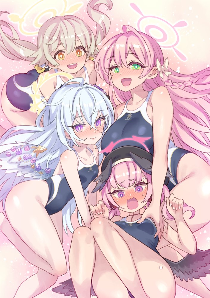 4girls, :d, :o, ahoge, ass, azusa_(blue_archive), bangs, bare_arms