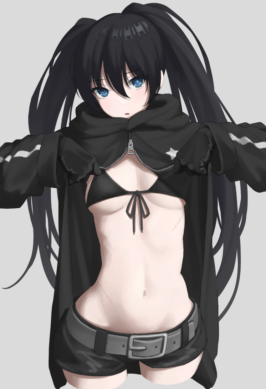 1girl, belt, bikini, black_bikini, black_coat, black_gloves, black_hair, black_rock_shooter, black_rock_shooter_(character), black_shorts, blue_eyes, breasts, coat, cowboy_shot, front-tie_bikini, front-tie_top, gloves, highres, kaminari_doon, long_hair, long_sleeves, looking_at_viewer, medium_breasts, navel, open_clothes, open_coat, parted_lips, short_shorts, shorts, solo, standing, stitches, stomach, string_bikini, swimsuit, twintails, very_long_hair