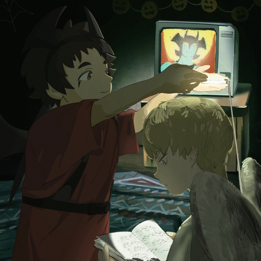 2boys, asuka_ryou, black_hair, blonde_hair, blue_eyes, brown_eyes, dark, devilman, devilman_(character), devilman_(cosplay), devilman_(tv), devilman_crybaby, fake_halo, fake_wings, fudou_akira, hands_up, highres, horn_ornament, horns, indoors, jenn59959, male_focus, multiple_boys, reading, satan_(devilman)_(cosplay), smile, television, wings