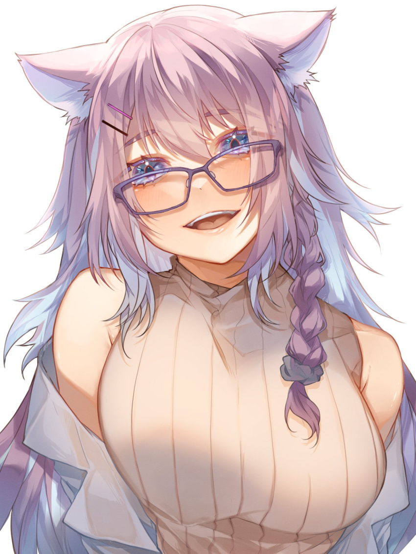 1girl, animal_ears, bangs, beige_sweater, blue_hair, blue_shirt, blush, braid