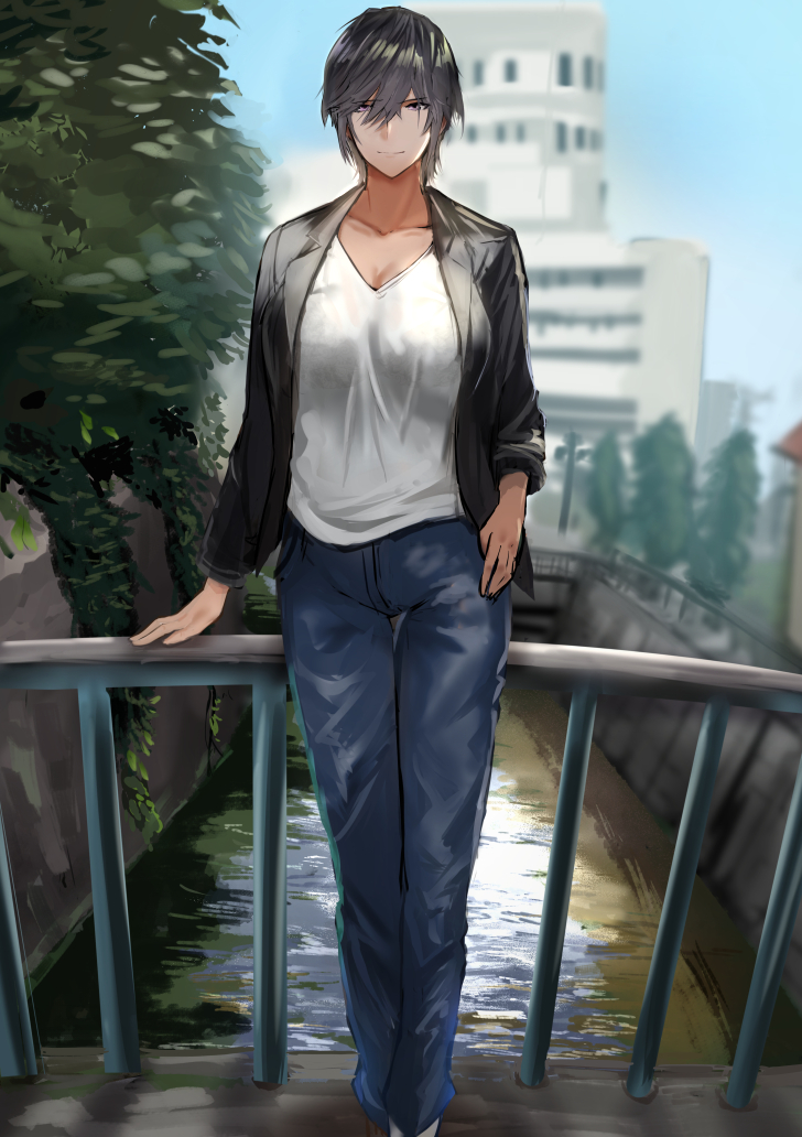 1girl, baluster, bangs, black_eyes, black_hair, breasts, building, coat