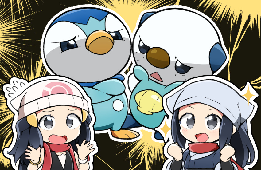 2girls, akari_(pokemon), beanie, black_hair, bracelet, clenched_hands, commentary_request, eyelashes