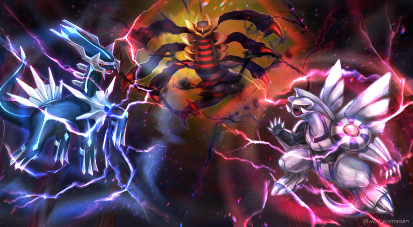 black_sclera, claws, colored_sclera, commentary_request, dialga, energy, fangs, giratina