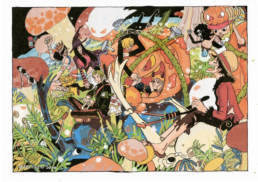 :d, afro, alternate_costume, alternate_headwear, beetle, black_hair, brook, bug, feleven, ghost, green_hair, halloween_costume, hat, jack-o'-lantern, monkey_d._luffy, mushroom, nami_(one_piece), nico_robin, one_piece, orange_hair, plant, roronoa_zoro, sanji, smile, straw_hat, tony_tony_chopper, usopp, vines