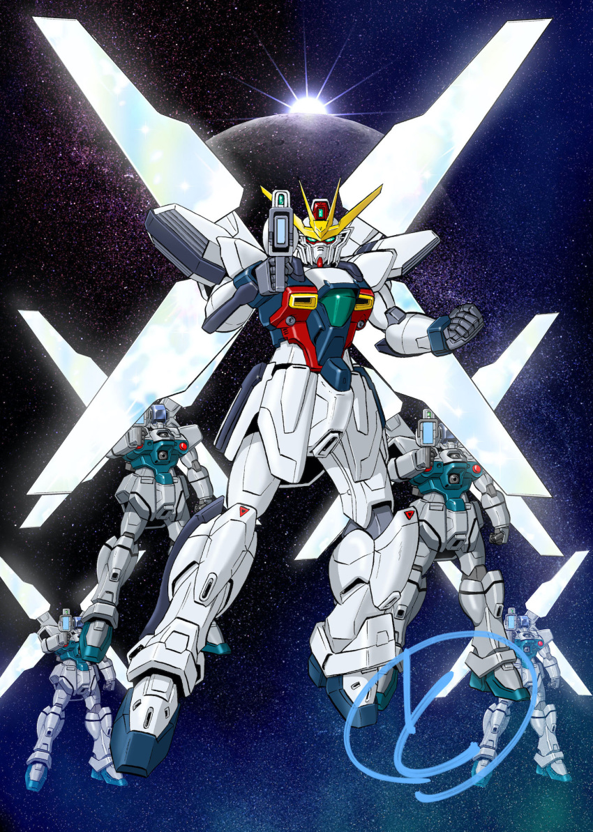 after_war_gundam_x, clenched_hand, green_eyes, gun, gundam, gundam_x, gx-bit, highres