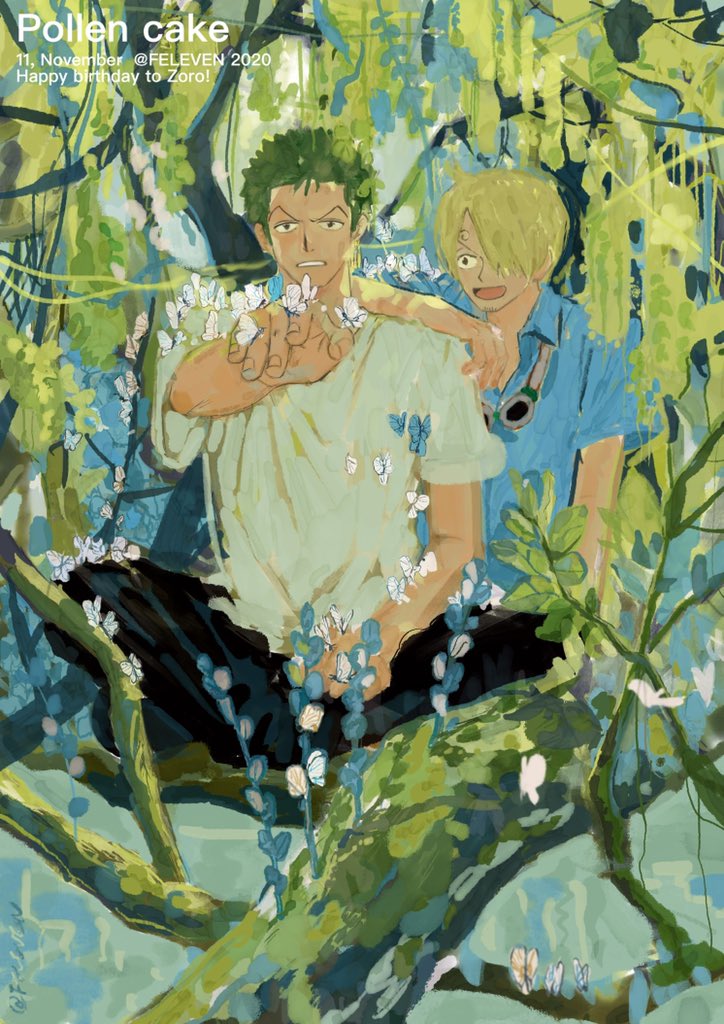 2boys, :d, blonde_hair, branch, bug, butterfly, butterfly_on_hand, feleven