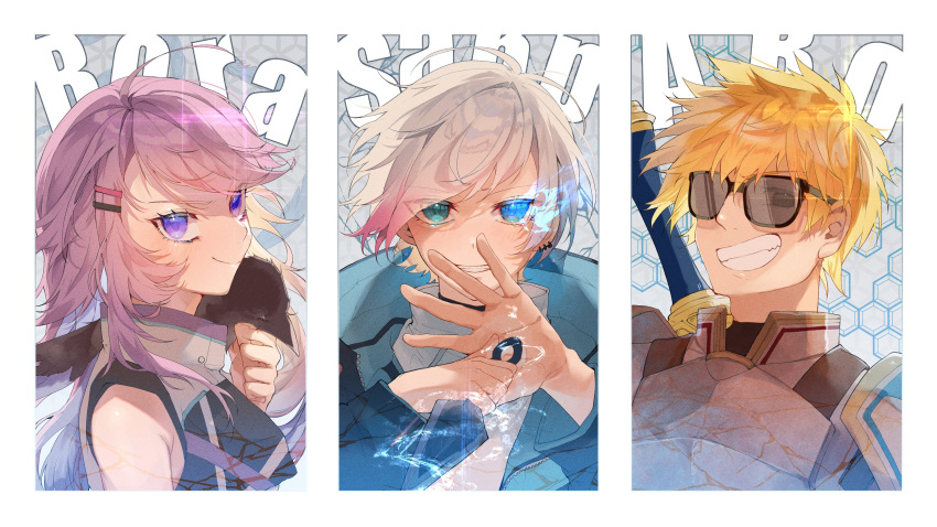 1girl, 2boys, absurdres, apex_legends, armor, black_jacket, blonde_hair, blue_eyes