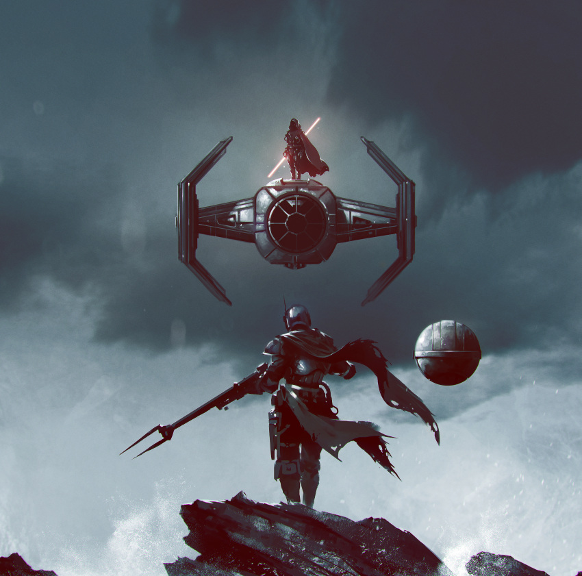 2others, absurdres, ambiguous_gender, armor, ball, black_robe, bounty_hunter_(star_wars), clouds, cloudy_sky, energy_sword, facing_away, floating, from_behind, grey_background, gun, helm, helmet, highres, holding, holding_gun, holding_weapon, hood, hood_up, hooded_robe, kalmahul, lightsaber, mandalorian, multiple_others, pants, red_lightsaber, rifle, rock, shoulder_armor, sky, space_craft, standing, star_wars, sword, tie_advanced_x1, torn_clothes, weapon