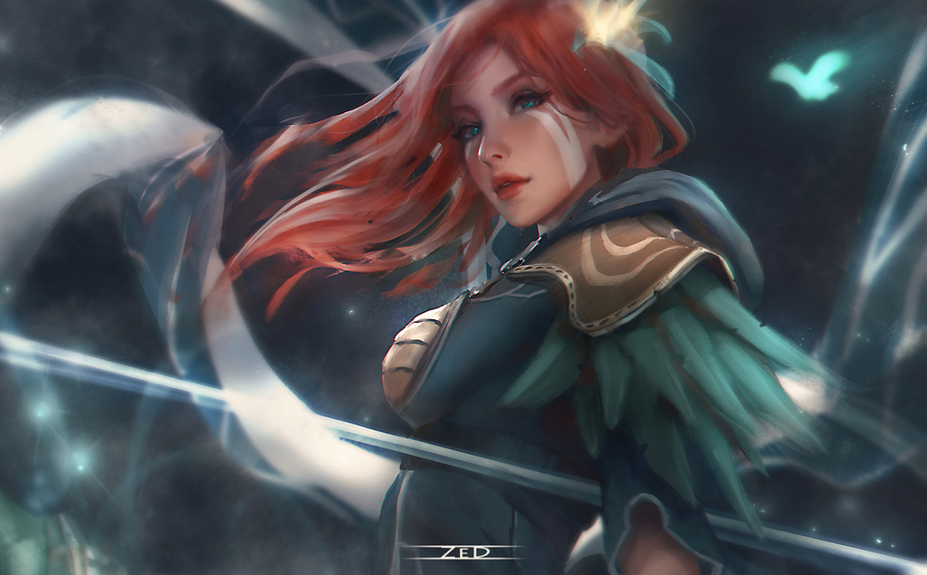 1girl, artist_name, bow_(weapon), bug, butterfly, cloak, dota_(series), dota_2, facepaint, forehead, green_butterfly, green_cloak, green_eyes, hair_ornament, holding, holding_bow_(weapon), holding_weapon, lips, looking_at_viewer, medium_hair, open_mouth, orange_hair, painting, short_sleeves, solo, weapon, windranger_(dota), zed_(trungbui42)